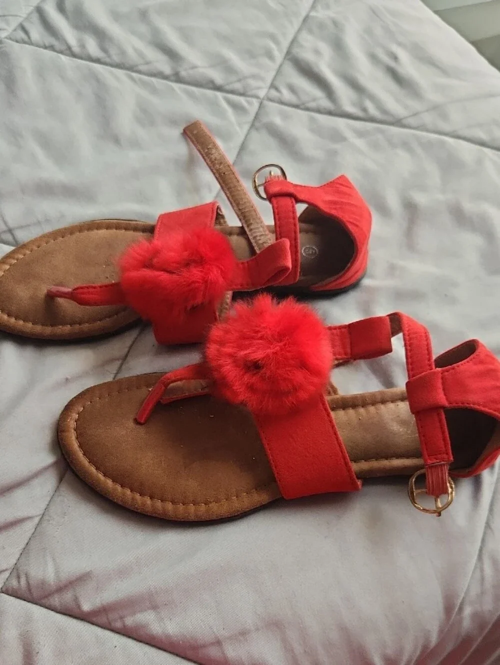 Women's Red Pom-Pom T-Strap Sandals